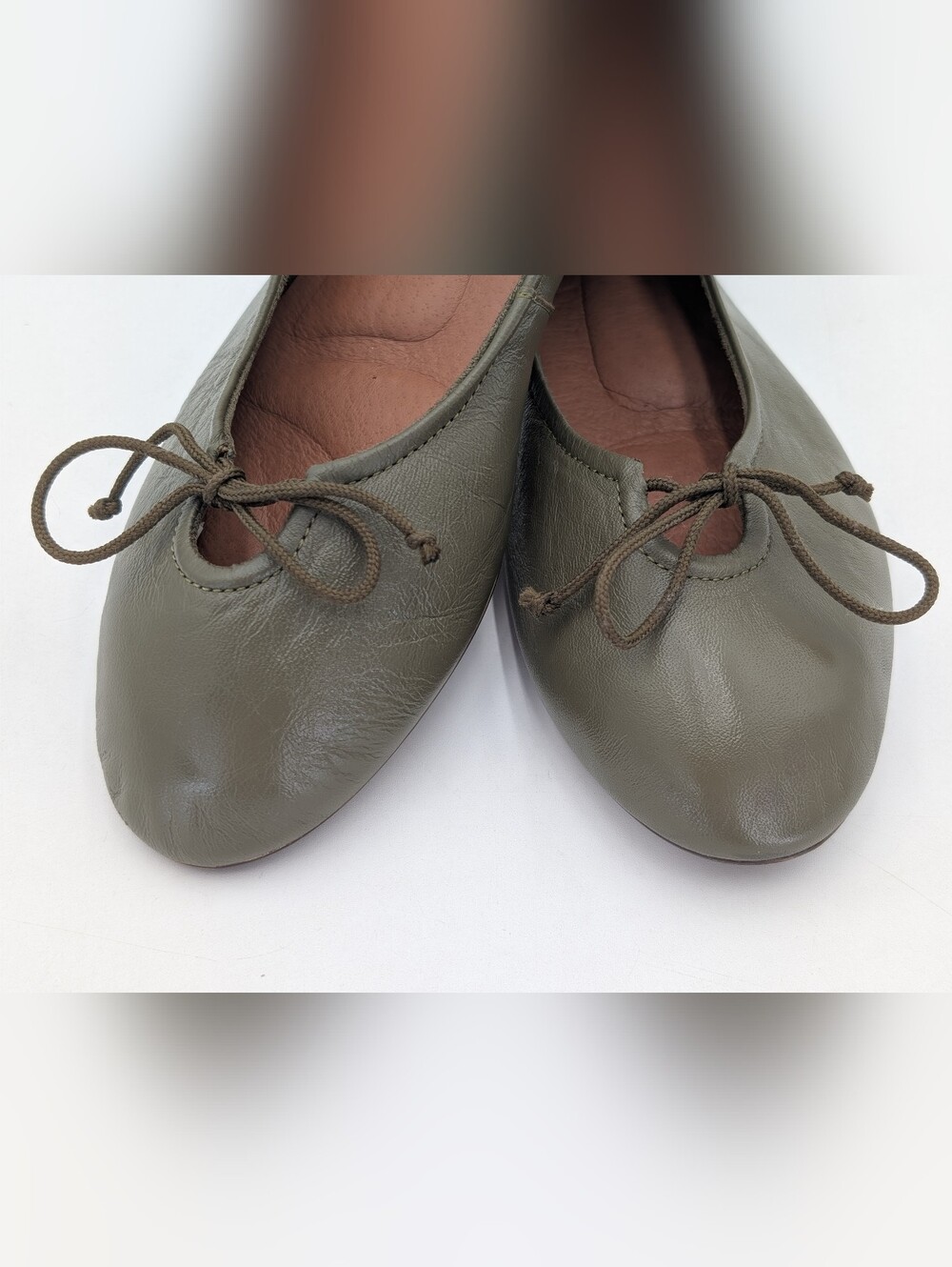 Olive Leather Ballet Flats - Women's Comfortable Slip-Ons - Picture 4 of 16